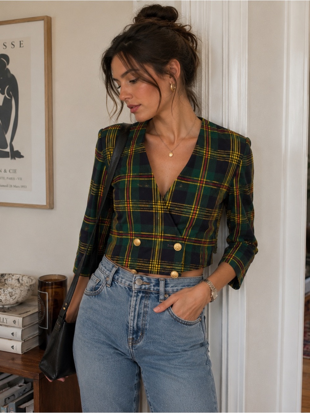 Vintage Jones New York Plaid Cropped Blazer Womens Size 4P Navy Green